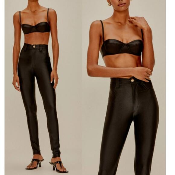 NWT Agua De Coco High-Waisted Body-Fit Buttons Straight Pants Black Women's P/S - Picture 1 of 8